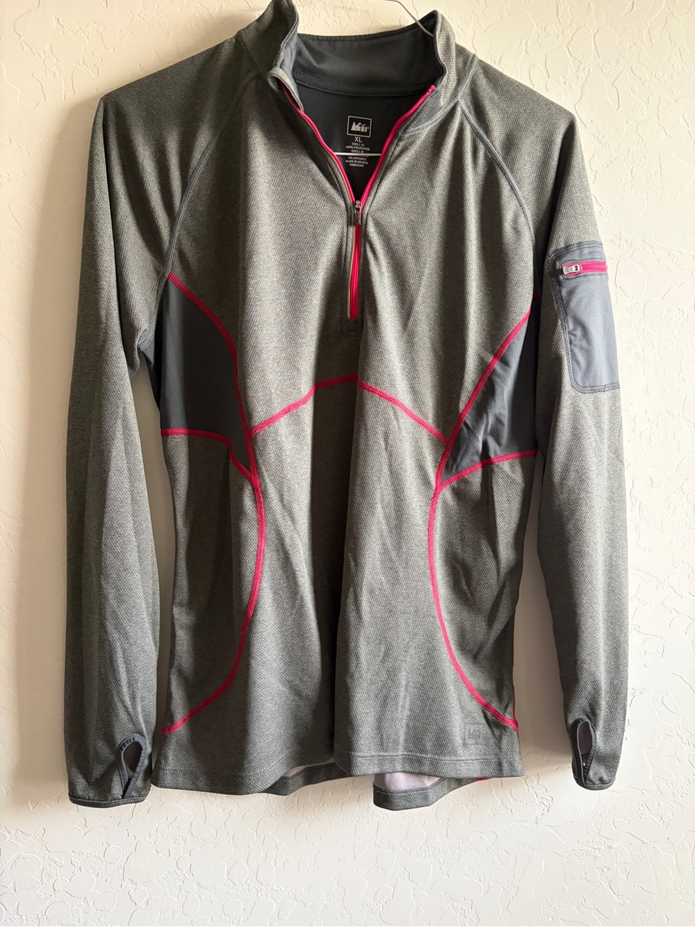 REI Men’s Gray Performance Quarter-Zip Jacket with Pink Trim
